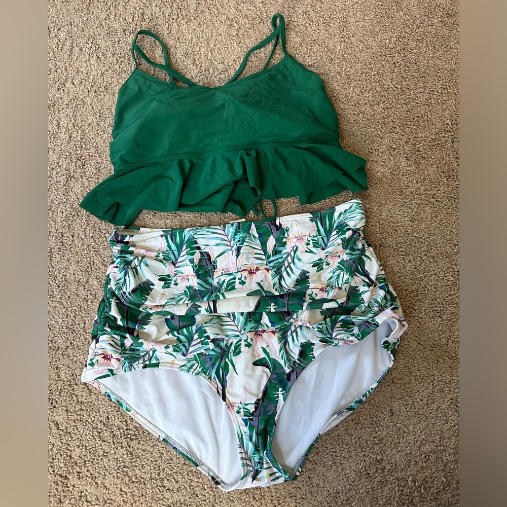 Two Piece High Waisted Green and Floral Bikini 14